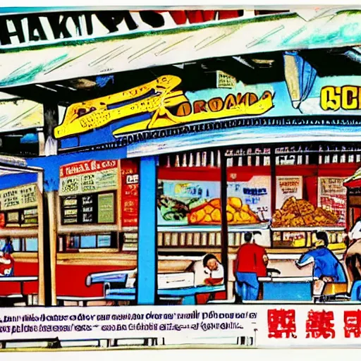 Prompt: A 1990s poster of a hawker centre