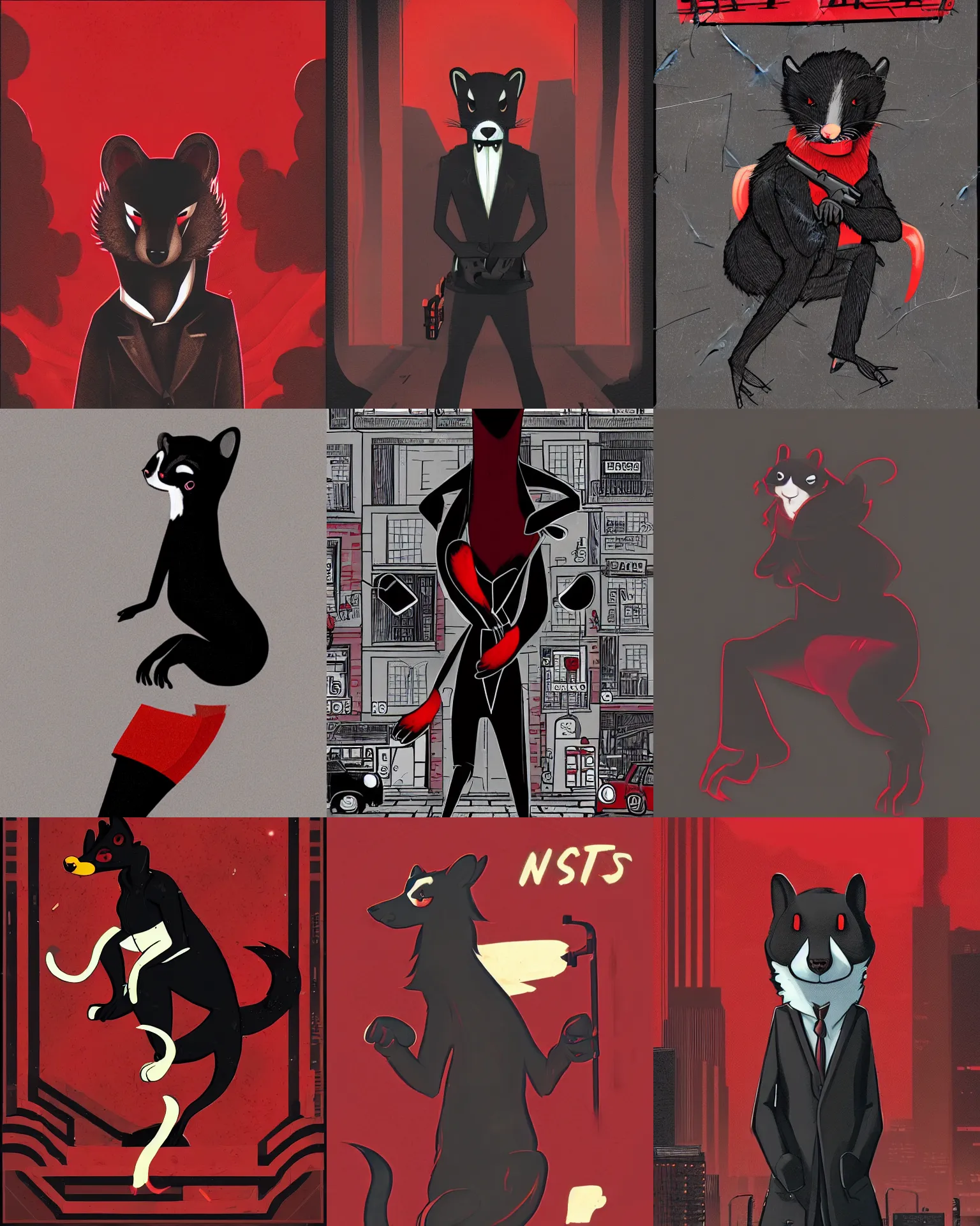 Prompt: red - and - black weasel / stoat fursona ( furry fandom ), neo - noir setting, detective fiction cover art style