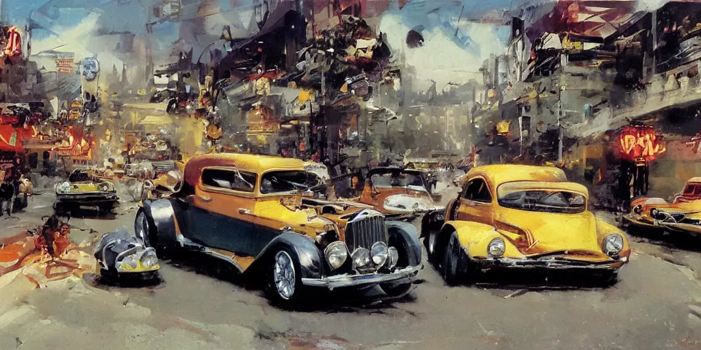 Image similar to hotrods driving down a street , vintage, highly detailed, 4K, by John Berkey