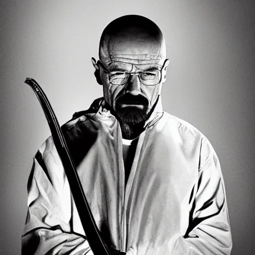 Prompt: walter white holding a sword