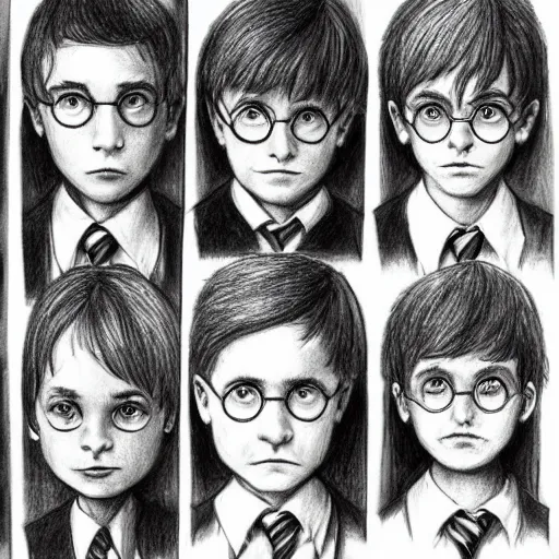 Image similar to pencil drawing bunch of charachters from harry potter looking at each other