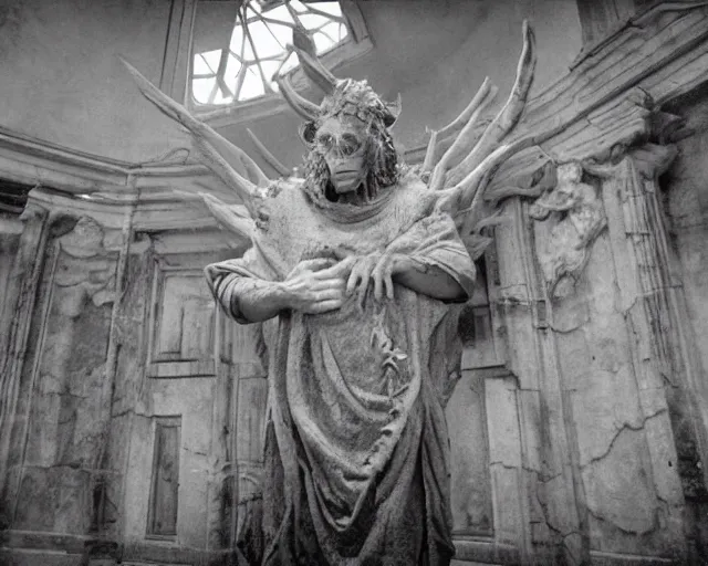 Image similar to camera footage of weeping angels with horns, Russian Cultist, False Human Features, Diablo 3, abandoned shopping mall, Psychic Mind flayer, Terrifying, Insanity :7 , high exposure, dark, monochrome, camera, grainy, CCTV, security camera footage, timestamp, zoomed in, Feral, fish-eye lens, Fast, Radiation Mutated, Nightmare Fuel, Ancient Evil, No Escape, Motion Blur, horrifying, lunging at camera :4 bloody dead body, blood on floors, windows and walls :5