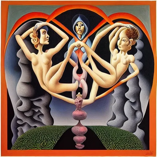 Image similar to the three fates, pain, pleasure, suffering, adventure, love, life, afterlife, abstract oil painting, gouche on paper by MC Escher and Salvador Dali and raqib shaw,-W 1024