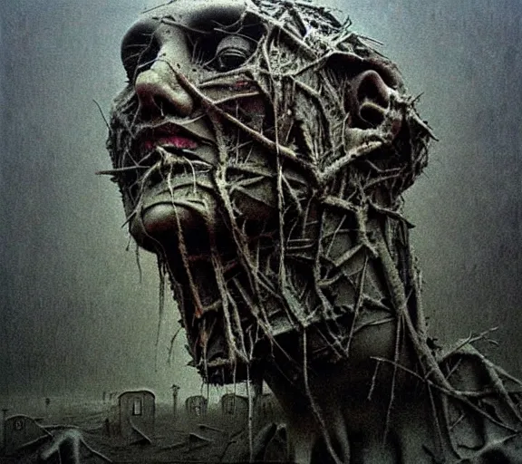 Image similar to face shredded like paper as skin peeling scream, dark, surreal, highly detailed horror dystopian surreal painting of eerie head statues and buildings by zdzisław beksinski, creepy, atmospheric, unsettling