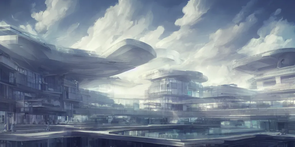 Prompt: beautiful digital illustration of a sleek modern palace in the sky, realistic clouds, pastel color scheme, architecture, concept art, deviantArt, artsation, artstation HQ, HD, 16k resolution, octane, finalRender, Unreal Engine