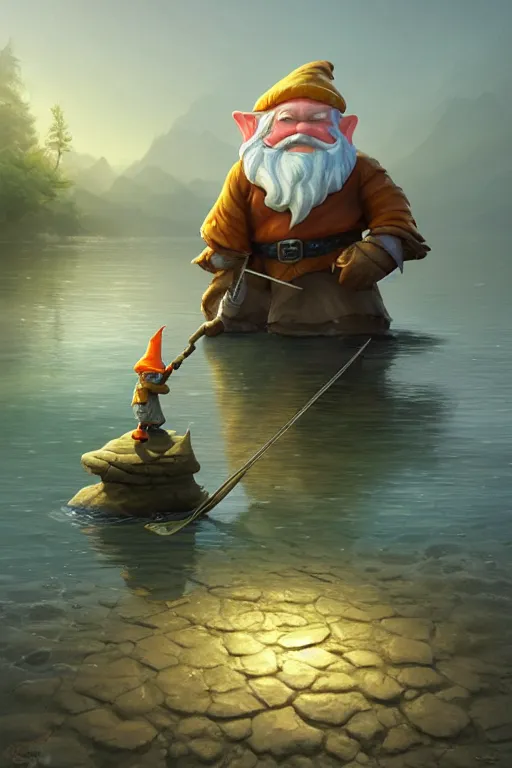 Image similar to legendary elegant gnome fishing in lake, highly detailed, d & d, fantasy, highly detailed, digital painting, trending on artstation, concept art, sharp focus, illustration, global illumination, ray tracing, realistic shaded, art by artgerm and greg rutkowski and fuji choko and viktoria gavrilenko and hoang lap