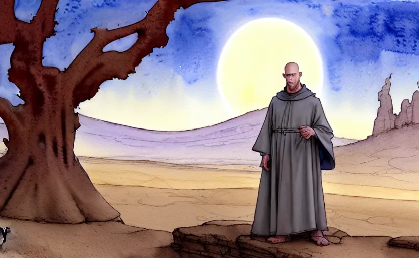 Image similar to a hyperrealist watercolor concept art of a medieval monk in grey robes at sunset day in the desert. a dimensional portal in the shape of a tree arch is in the background and an blue sky is seen through the portal. very muted colors, by rebecca guay, michael kaluta, charles vess. high detail, hq, wide shot, 4 k