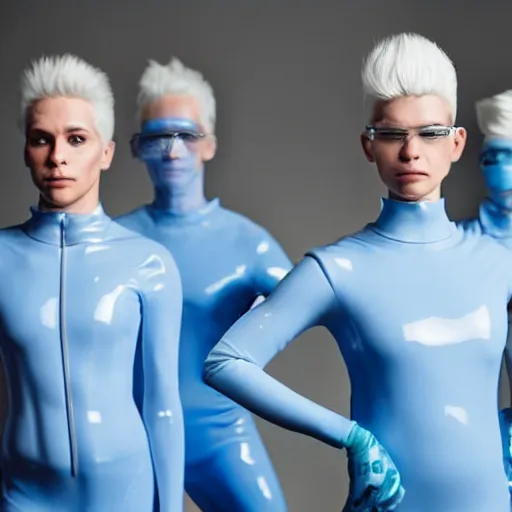 Image similar to troop of identical athletic humans with white hair wearing tight light blue latex suits, in formation, futuristic chemistry lab, sci - fi, highly detailed, hyperrealistic