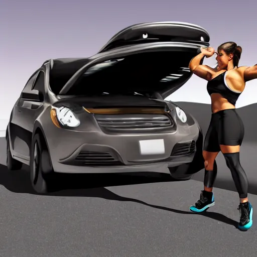 Image similar to sweaty muscular female lifting a car, photorealistic