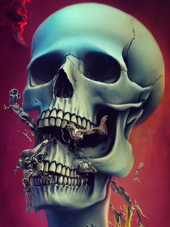 Prompt: art portrait of a skull, smoking,8k,by tristan eaton,Stanley Artgermm,Tom Bagshaw,Greg Rutkowski,Carne Griffiths,trending on DeviantArt,face enhance,hyper detailed,minimalist,cybernetic, android, blade runner,full of colour,