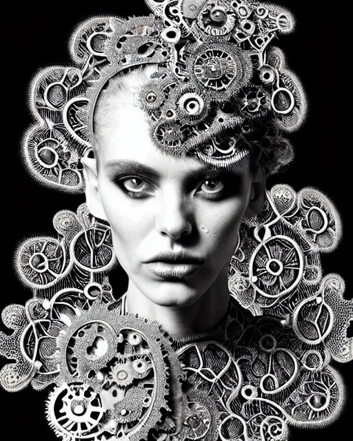 Image similar to surreal black and white photo portrait of complex bio-mechanical beautiful young female vegetal-cyborg with a Mandelbrot fractal steampunk metal fine lace face, curled silver hair and a fine metal floral foliage super big lace collar by Alexander McQueen:: high fashion, haute couture, rococo, steampunk, silver filigree details, anatomical, facial muscles, cable wires, microchip, elegant, hyper realistic, 150 mm lens, soft rim light, octane render, unreal engine, picture was taken in 1910, volumetric lighting, 8k,