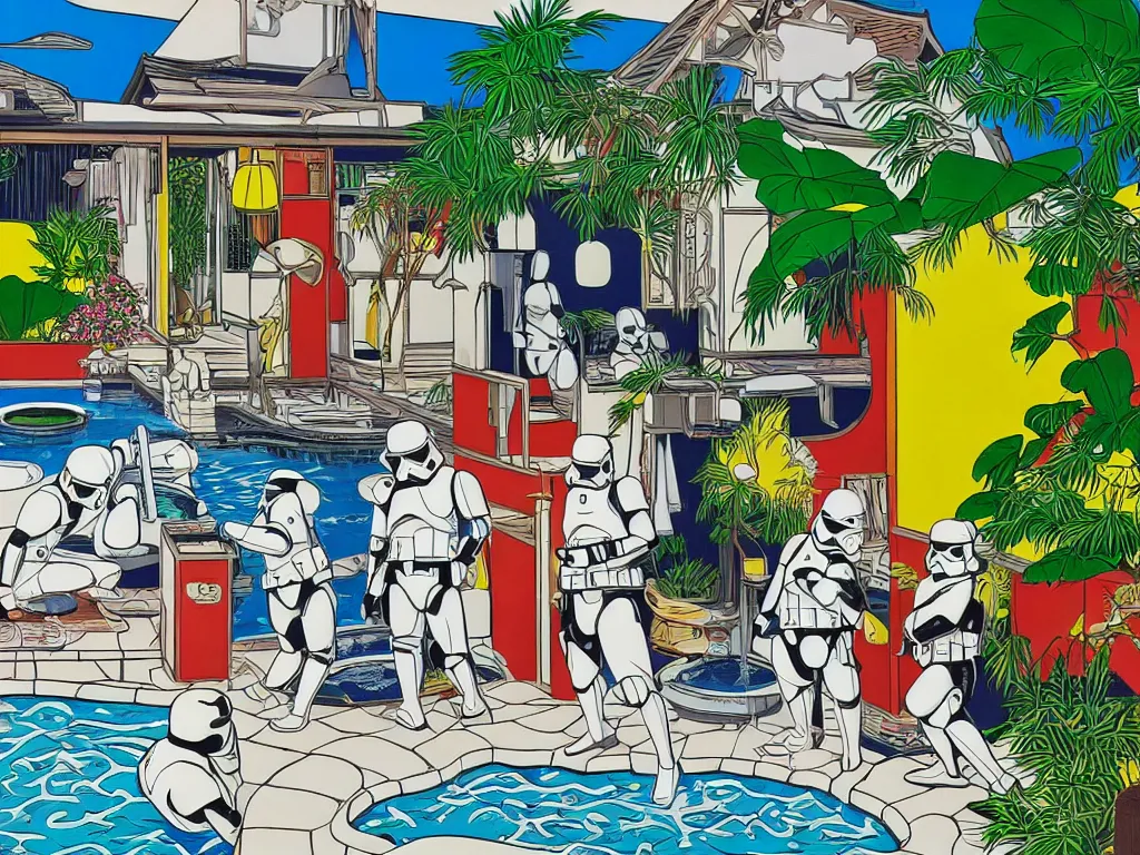 Image similar to hyperrealism composition of the japanese house with a hot springs in the garden, two detailed stormtroopers bathe in a hot spring, pop - art style, jacky tsai style, andy warhol style, roy lichtenstein style, round canvas, acrylic on canvas