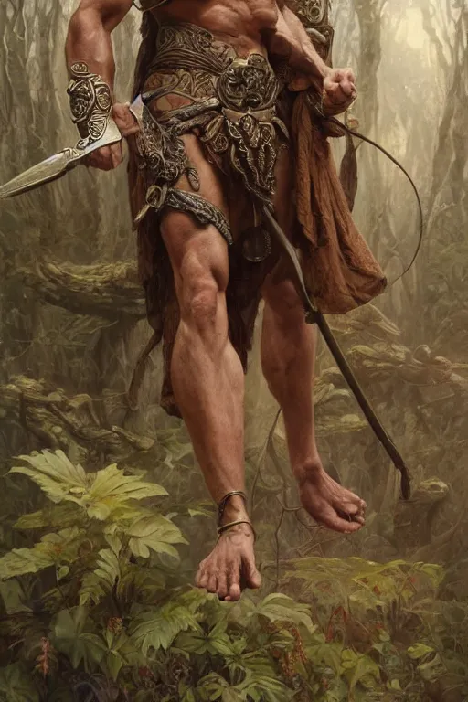 Image similar to portrait of bartelby montclair of dresdin as a herculian man, forest, full body, muscular, fantasy, intricate, elegant, highly detailed, digital painting, artstation, concept art, sharp focus, illustration, art by artgerm and greg rutkowski and alphonse mucha