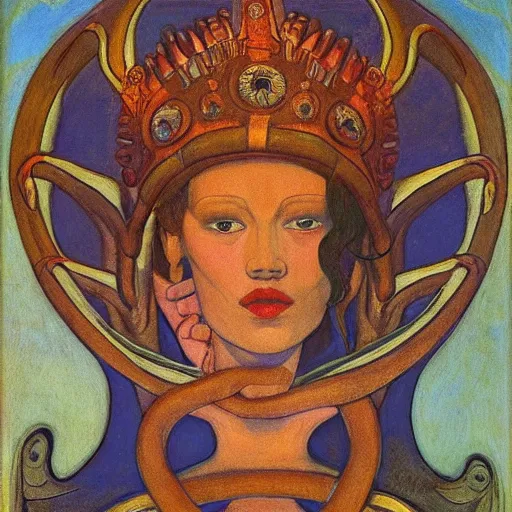 Image similar to the tentacle crown, by Annie Swynnerton and Nicholas Roerich and Diego Rivera, glowing skin, elaborate costume, geometric ornament, symbolist, rich color, dramatic cinematic lighting, smooth, sharp focus, extremely detailed