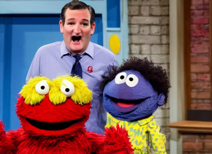 Prompt: ted cruz in the fetal position crying on the floor, on sesame street