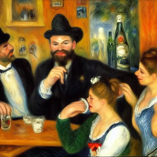 Prompt: having some beers in brewery by pierre - auguste renoir