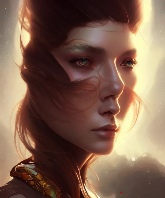 Image similar to futuristic young woman portrait, sci-fi, amber eyes, face, long hair, fantasy, intricate, elegant, highly detailed, digital painting, artstation, concept art, smooth, sharp focus, illustration, art by artgerm and greg rutkowski and alphonse mucha