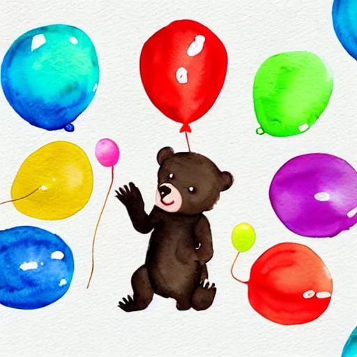 Image similar to watercolor cute animated baby bear holding birthday balloons with colorful dots, white background,