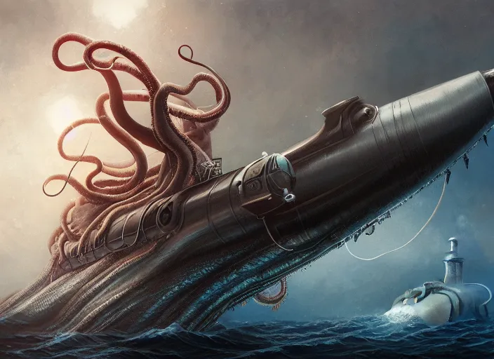 Image similar to highly detailed illustration giant squid wrapping its tentacles around a submarine, artstation, cinematic lighting, hyperdetailed, cgsociety, 8k, high resolution, Charlie Bowater, Tom Bagshaw, Norman Rockwell, insanely detailed and intricate