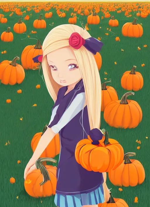 Image similar to little girl with long blonde hair visiting a pumpkin patch. clean cel shaded vector art. shutterstock. behance hd by lois van baarle, artgerm, helen huang, by makoto shinkai and ilya kuvshinov, rossdraws, illustration, art by ilya kuvshinov