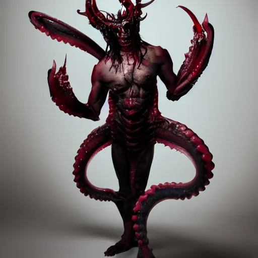 Prompt: a demon inspired by squids created by the make up artist hungry, photographed by andrew thomas huang, cinematic, expensive visual effects