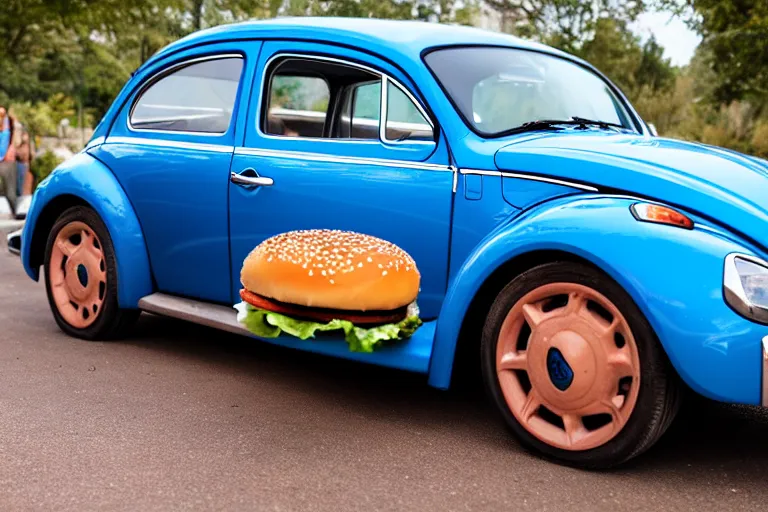 Image similar to a blue beetle car with burgers for wheel rims