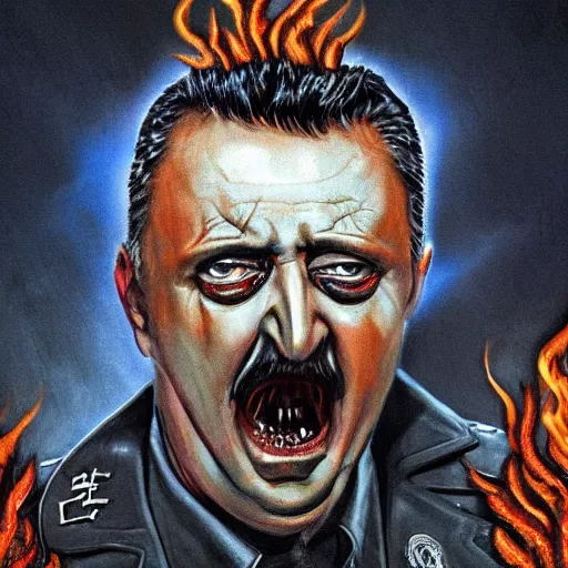 Image similar to igor ivanovich strelkov became an angry degraded satanic hellfire demonic abomination and calling for total mobilization, photo - realistic, color image, 2 k, highly detailed, bodyhorror, occult art