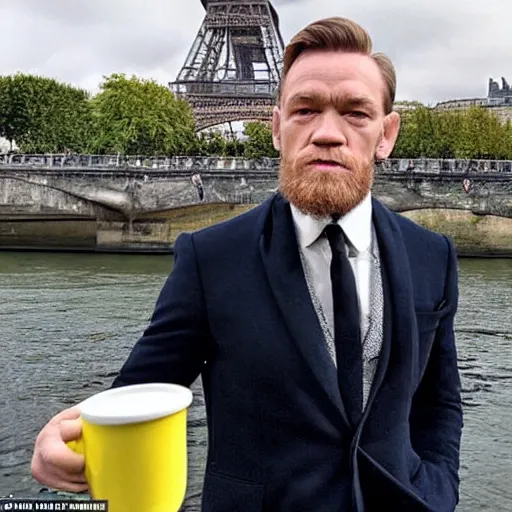 Prompt: mcgregor is dressed as a gentleman at early 2 0 th century paris. he is having a coffee at the banks of river seine. ewan mcgregor has a coffee cup on his hand. next to him is a small brown cat with yellow glowing eyes