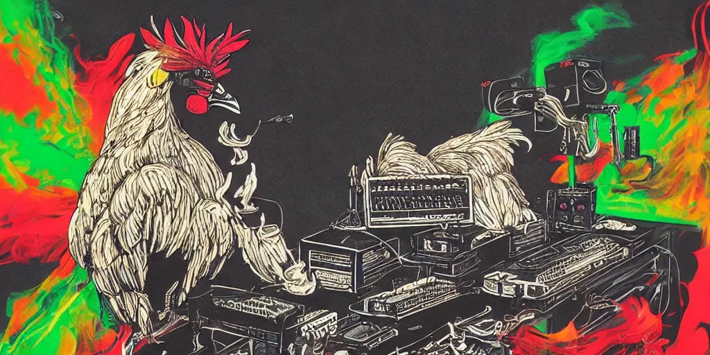 Image similar to 'black rooster'!!! smoking 'cannabis'!!!!!! in front of 'audio console'!!!! and 'pc masterrace RGB custom build'!!!!! 'multi monitors and projectors'!!!! 'in a hi-tech tv broadcasting studio with red camera rig'!!!!, artwork by James Gilleard