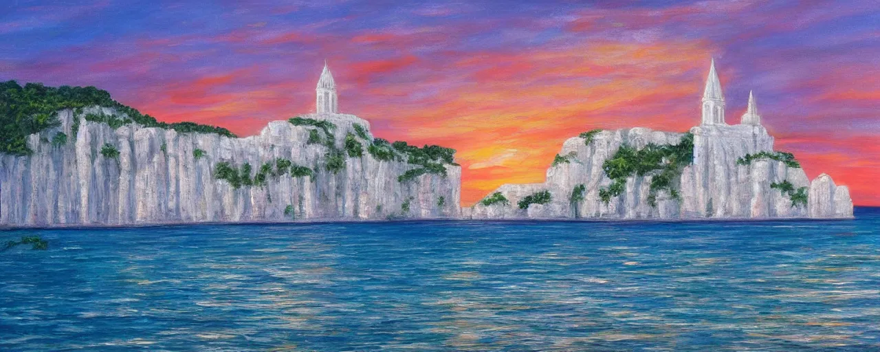 Prompt: tall white grand cathedral on sheer limestone cliff view from the ocean, sunset, soft lighting, acrylic painting, high fantasy, landscape, extremely detailed