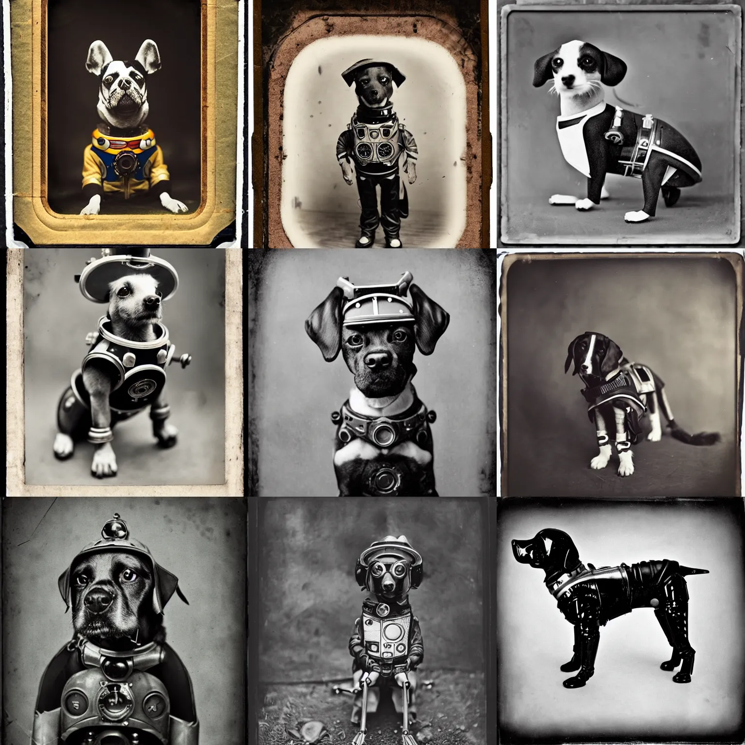 Prompt: steampunk dog dressed like buzz lightyear, Early, wet plate photography, colloid