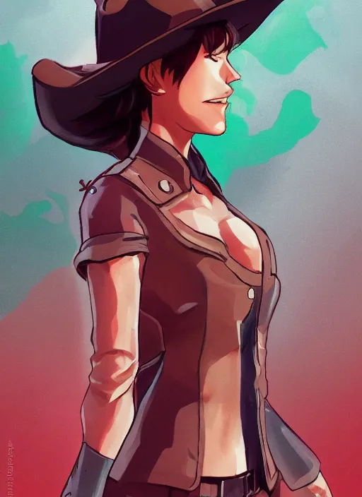 Image similar to full size persona, female sheriff, detail, ultra sharpness, beautiful female, detailed face, art by huyy nguyen, style by cain kuga, cowboy bebop art style, 3 2 beautiful color palettes with their corresponding gradient, stroke line