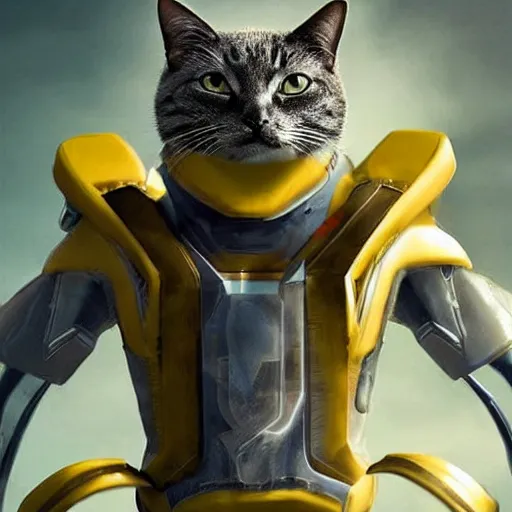 Image similar to humanoid with cat-like features in futuristic space armor with force fields, yellow eyes, teeth that protrude past the lower lip and fine grayish fur on their faces and backs of their hands and carrying weapons, octane,