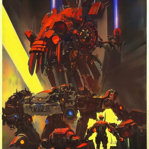 Image similar to a dark and colorful close - up of sci - fi mecha demons. highly detailed science fiction painting by norman rockwell, frank frazetta, and syd mead. rich colors, high contrast, gloomy atmosphere, dark background. trending on artstation