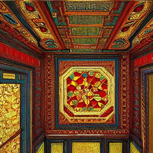 Prompt: brightly coloured patterns on its ceilings, osman hamdi bey style,