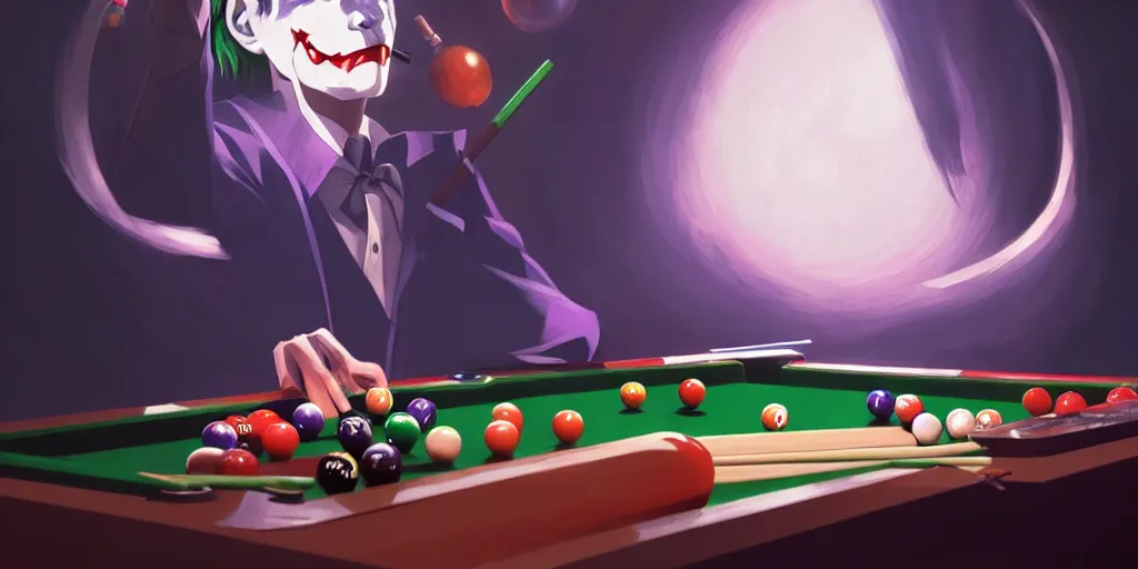 Image similar to the joker playing pool, magical, bright, colorful, fantastic lighting, amazing details, 4 k uhd, illustration by hayao miyazaki and makoto shinkai and ilya kuvshinov, artstation, pixiv,