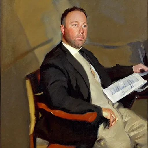 Image similar to oil painting portrait of alex jones, John Singer Sargent style