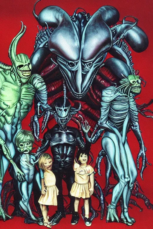 Prompt: alien monster mutant family photo, 1 9 8 0 s, olan mills studio, xenomorph, creepy, scary, nightmare, color