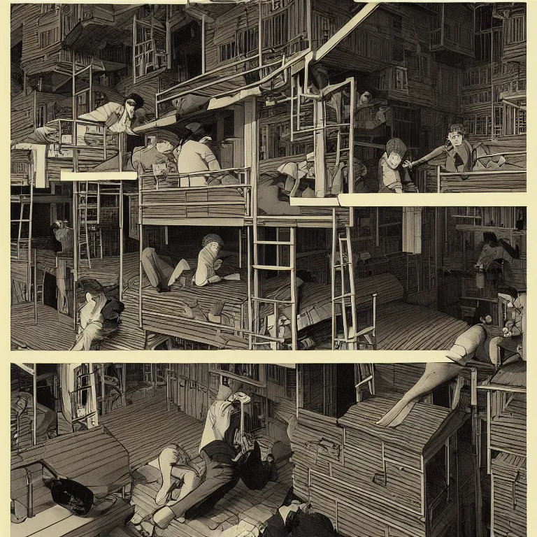 Image similar to as monochrome image of workers exploited, living in hostels with bunk beds stacked on top of bunk beds, by kawase hasui, moebius and edward hopper, colorful flat surreal design, hd, 8 k, artstation