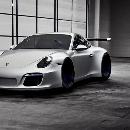 Image similar to a vision gran turismo style concept widebody porsche :: studio lighting, inside a warehouse :: porsche unseen design style