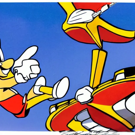 Image similar to a hanna barbera cartoon drawing of miles tails prower from sonic the hedgehog flying in the air