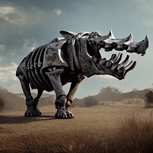 Prompt: a cinematic view of skeleton rhino made of old bones, true realistic image, detailed image