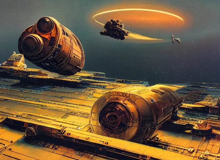 Prompt: a huge 1 9 3 0 s vividly - coloured spacecraft in an empty landscape by martin deschambault, dean ellis, peter elson, josan gonzalez, david a hardy, john harris, wadim kashin, angus mckie, bruce pennington, retro sci - fi art