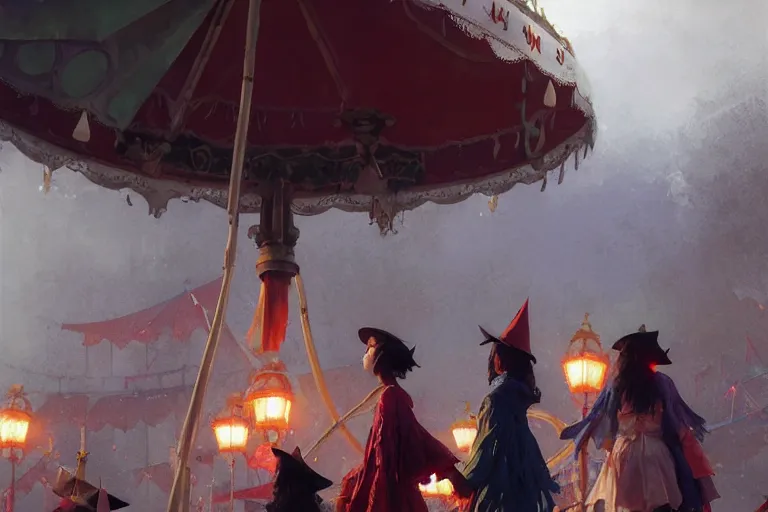 Prompt: close - up of young witches exploring small town carnival amusement, food stalls, big top circus tent, highly detailed, magical, japan, digital painting, concept art, matte, art by ruan jia and wlop and greg rutkowski and makoto shinkai, masterpiece