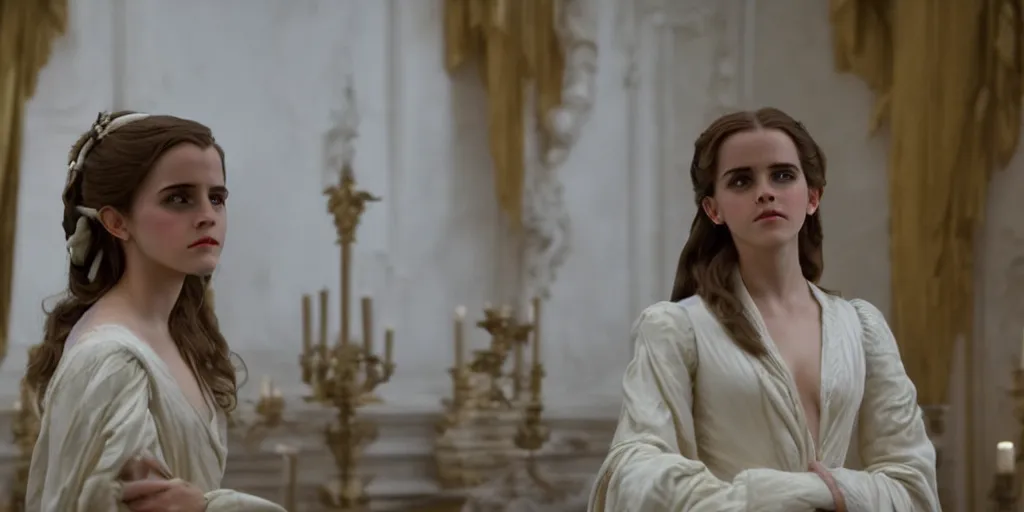 Image similar to Emma Watson long hair flowing robes baroque room cinematic lighting stanley kubrick barry lyndon Canon eos M50 200mm