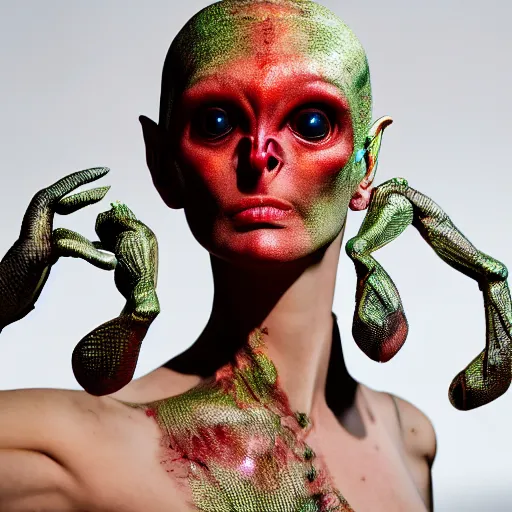 Prompt: shapeshifting space alien horror as a fashion model, 8 k fashion photography, soft lighting