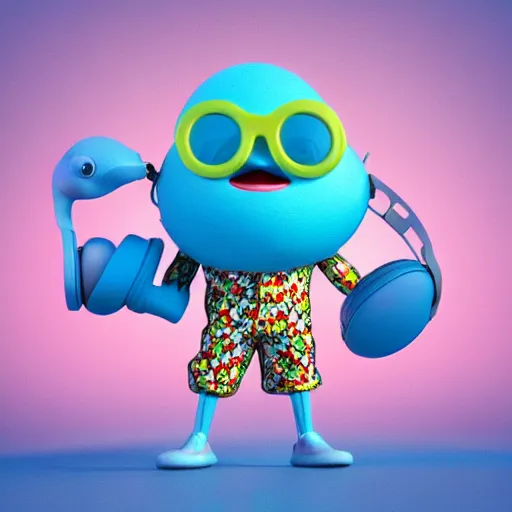 Prompt: a cute light blue baby bird, made out of colorful plastic toy parts, in fancy stylish clothes, big fashion sunglasses, a baseball cap and big headphones, doing a kick in the air, 3 d render by pixar