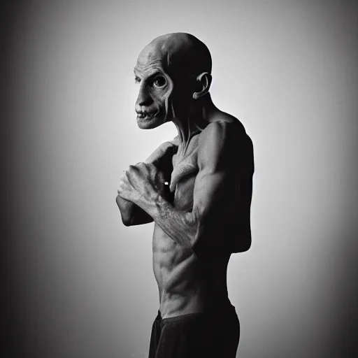 Prompt: portrait of nosferatu after boxing, brews blood, sweating, 5 0 mm lens, realistic photography