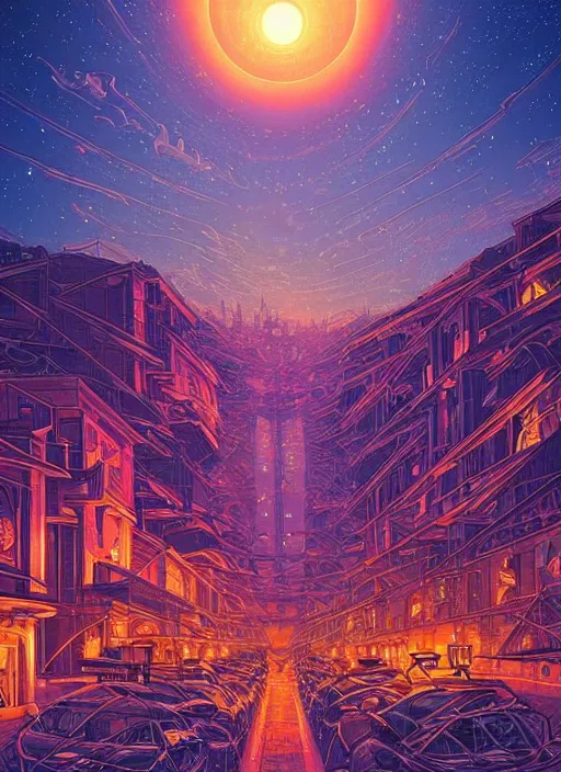 Image similar to ethereal starlit city at sunset, italian futurism, da vinci, Dan Mumford, Josan Gonzalez