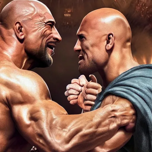 Image similar to jesus christ of nazareth arm wrestling with dwayne the rock johnson on a podium, detailed photo, detailed shading, crowd surrounding them, warm lighting, 8 k, octane beautifully detailed render, cinematic lighting, masterpiece, dslr,